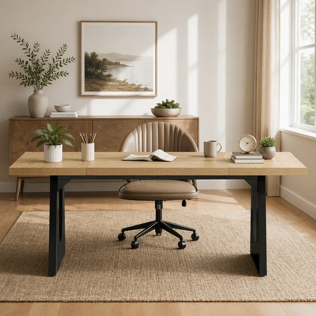 Sunlit office with a wooden desk, upholstered chair, plants and a large window